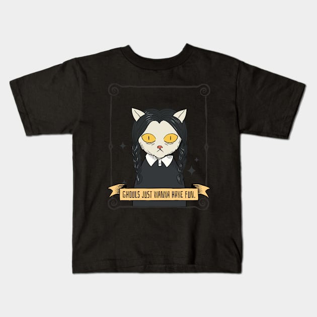 Halloween Spooky Season Wednesday Cat Kids T-Shirt by TayaDesign